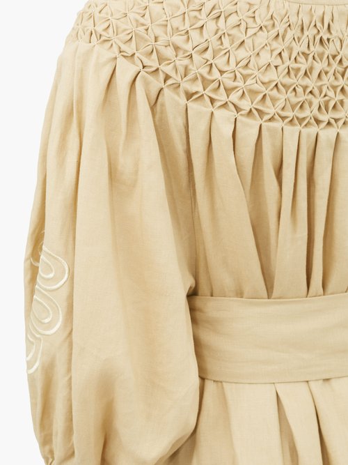 Innika Choo Hugh Jesmok Embroidered Linen Dress Beige