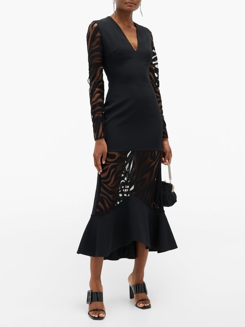 Buy David Koma Zebra-embroidered V-neck Flared Dress Black online - shop best David Koma clothing sales