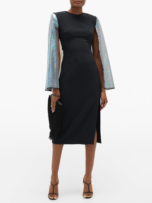 David Koma Cape-sleeve Sequinned Crepe Dress Black - 60% Off Sale
