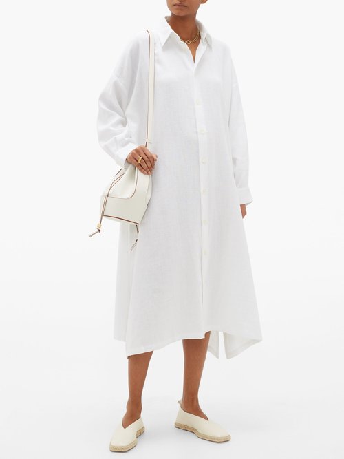 Eskandar Curved-hem Linen-blend Shirt Dress White