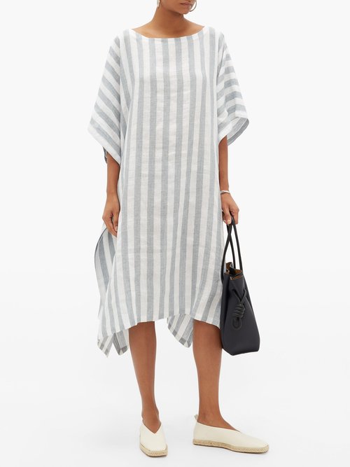 Eskandar Striped Linen-blend Dress Blue White