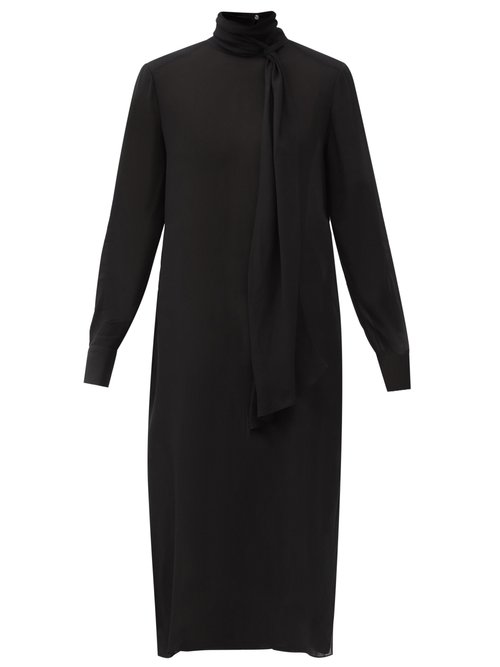 Another Tomorrow – Tie-neck Crepe Midi Dress Black