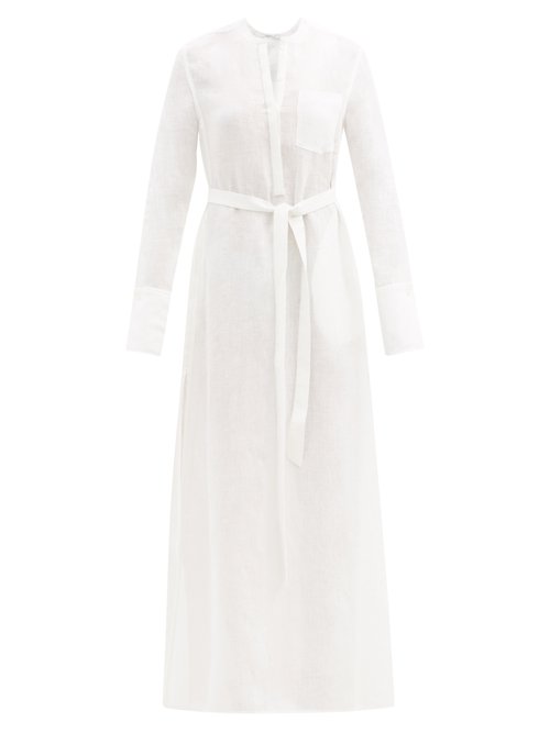 Another Tomorrow – Belted Organic-linen Maxi Dress White