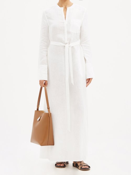 Another Tomorrow Belted Organic-linen Maxi Dress White