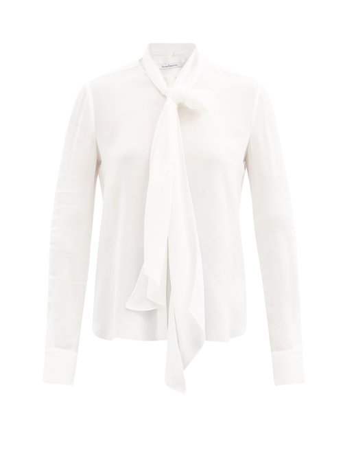Another Tomorrow - Tie-neck Crepe Blouse White
