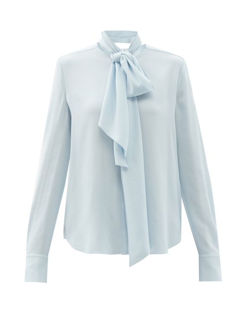Another Tomorrow - Tie-neck Crepe Blouse Light Blue