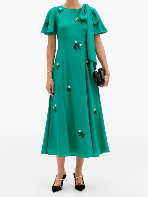 Erdem Kirstie Floral-beaded Bias-cut Silk Dress Green