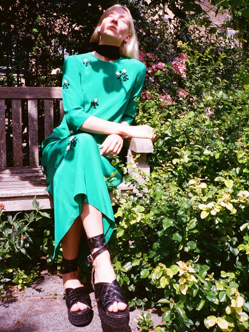 Erdem Evanna Floral Beaded Silk Crepe Midi Dress Green