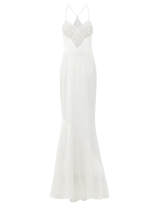 Galvan - Venice Beaded Diamond-panel Crepe Dress White