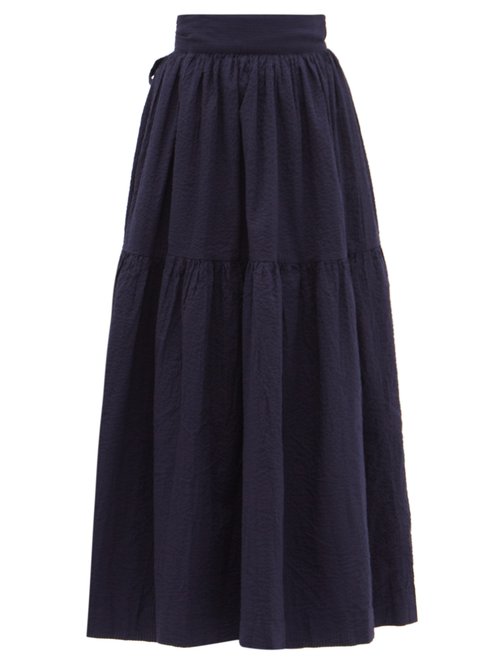 Wiggy Kit - Indo Tiered Cotton-seersucker Skirt Navy Beachwear