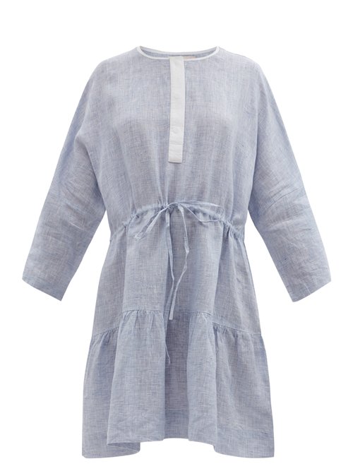 Wiggy Kit - Drawstring-waist Linen-chambray Mini Dress Blue
