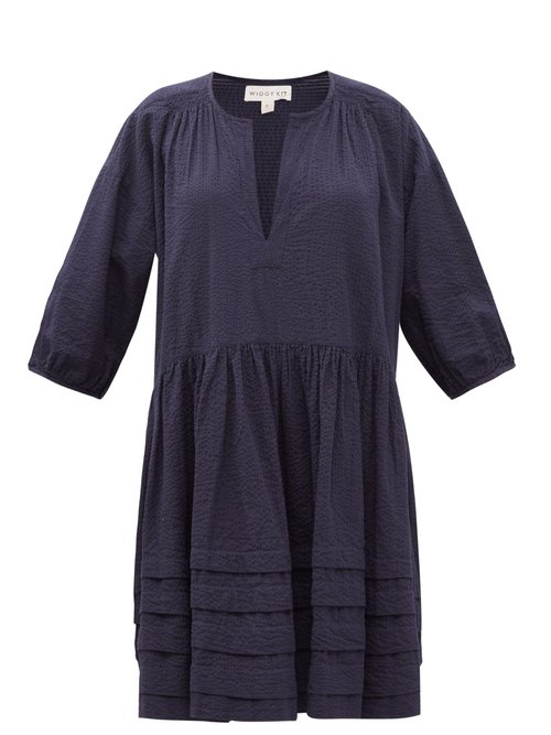 Buy Wiggy Kit - Painters Dropped-waist Cotton-seersucker Dress Navy online - shop best Wiggy Kit clothing sales