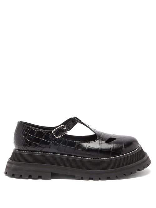 Buy Burberry - Aldwych Crocodile-effect Leather T-bar Flats Black online - shop best Burberry shoes sales