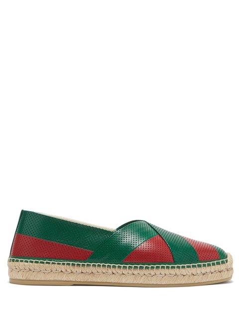 Gucci - Web-striped Perforated-leather Espadrilles - Mens - Green Multi