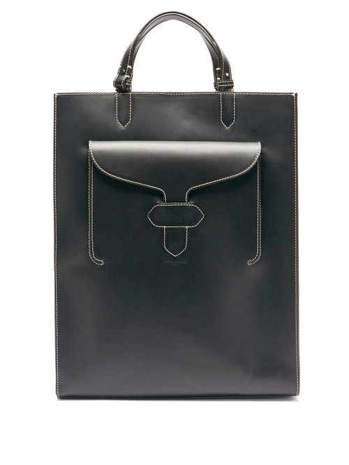 Maison Margiela - Topstitched Leather Tote Bag - Mens - Black