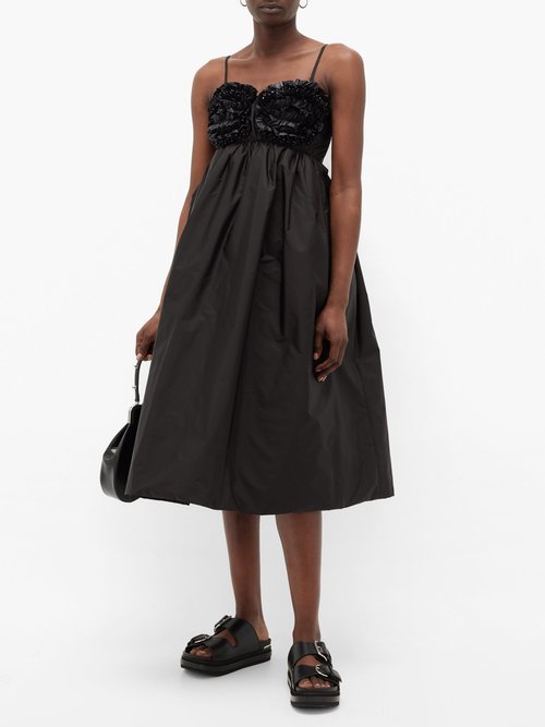 4 Moncler Simone Rocha Ruffled Bead-embellished Technical-shell Dress Black