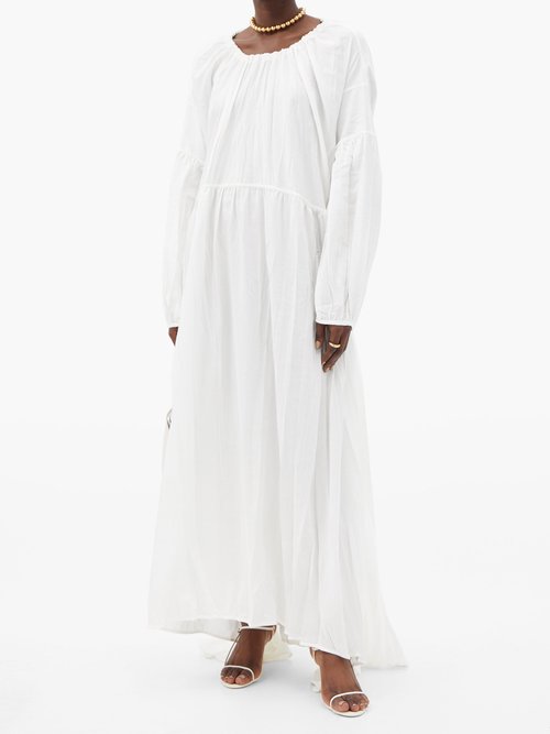 Jil Sander Nanashi Drawstring Creased Voile Maxi Dress White