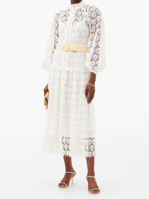 Zimmermann Empire Belted Guipure-lace Midi Dress Ivory