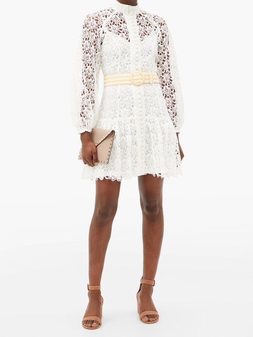 Zimmermann Empire Belted Guipure-lace Mini Dress Ivory