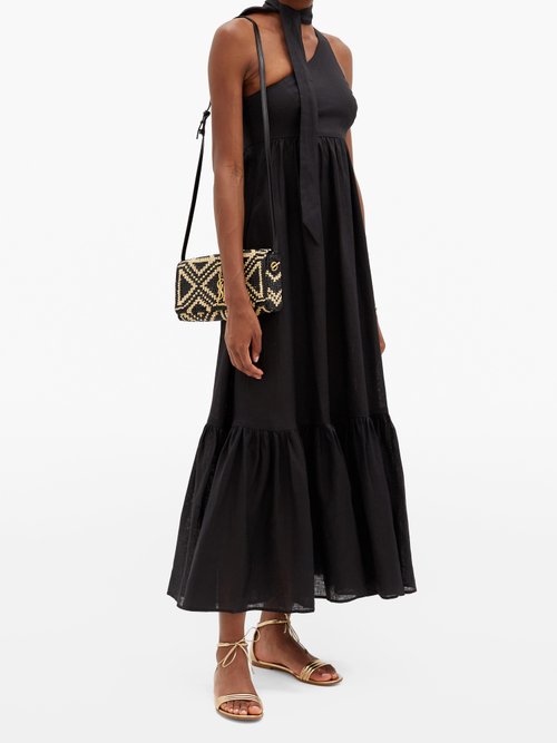 Buy Zimmermann One Shoulder Sash-neck Linen Midi Dress Black online - shop best Zimmermann clothing sales