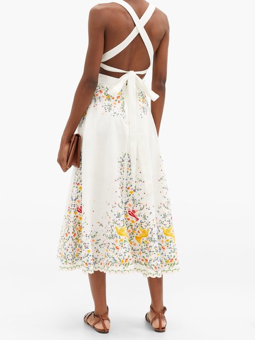 Zimmermann Carnaby Floral-embroidered Linen Midi Dress White Multi