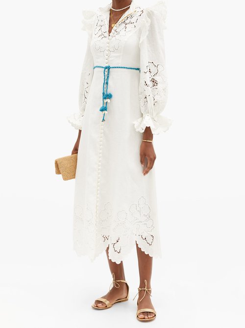Zimmermann Carnaby Broderie-anglaise Linen Midi Dress Ivory