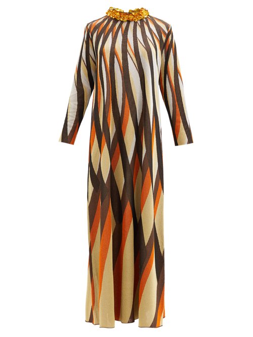 Gucci - Embellished-collar Jacquard-stripe Lurex Dress Brown Multi