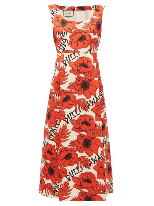 Buy Gucci - Flying Poppies-print Silk-duchess Midi Dress Red White online - shop best Gucci clothing sales