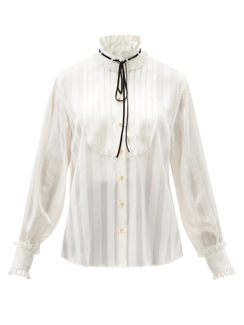 Buy Dolce & Gabbana - High-neck Stripe-jacquard Silk-blend Blouse White online - shop best Dolce & Gabbana 
