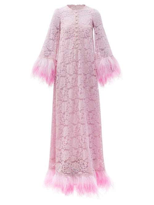 Buy Dolce & Gabbana - Feather-trimmed Cotton-blend Lace Gown Light Pink online - shop best Dolce & Gabbana clothing sales