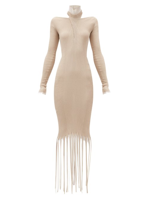 Bottega Veneta - High-neck Fringed Cotton-blend Knitted Dress Beige Multi