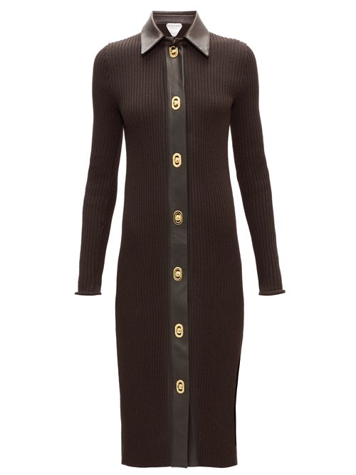 Bottega Veneta - Ribbed-knit Wool-blend Shirt Dress Brown