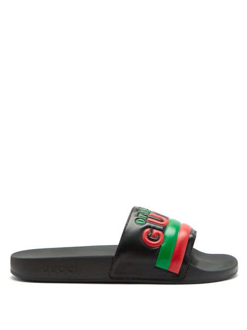 Gucci – Original Gucci Logo Leather And Rubber Slides Black Multi