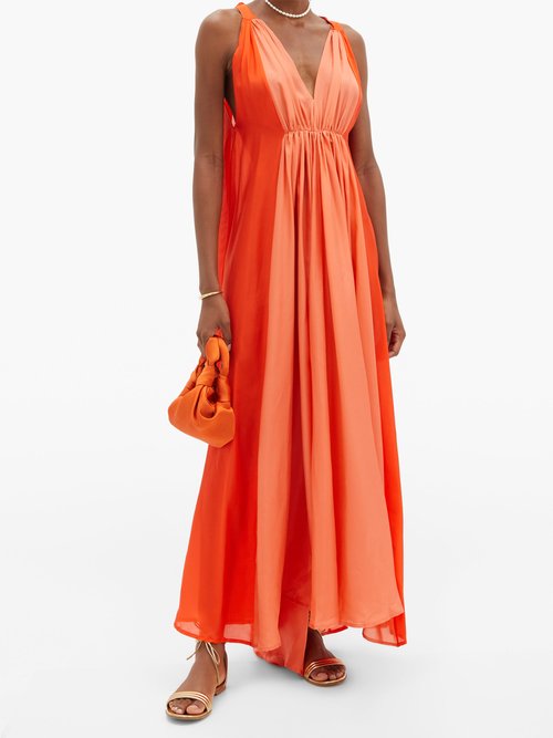 Kalita Inana Gathered Habotai-silk Maxi Dress Orange Multi