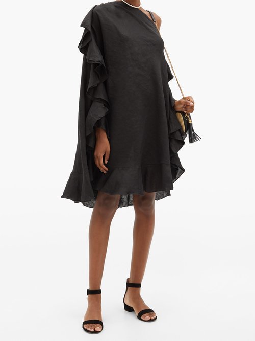 Kalita Zahara One-shoulder Ruffled Linen Mini Dress Black