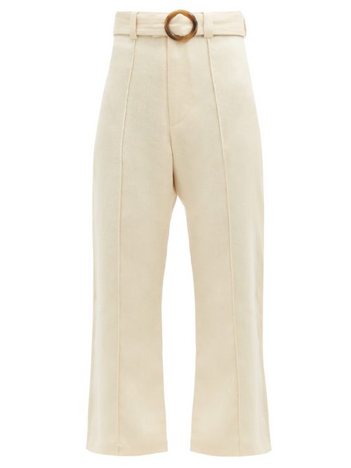 Buy Lisa Marie Fernandez - Belted Linen Cropped Straight-leg Trousers Cream online - shop best Lisa Marie Fernandez swimwear sales