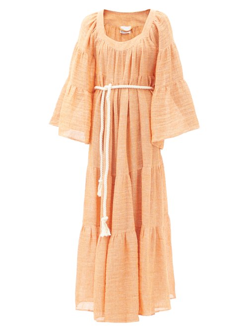Buy Lisa Marie Fernandez - Belted Linen-blend Gauze Maxi Dress Orange online - shop best Lisa Marie Fernandez clothing sales