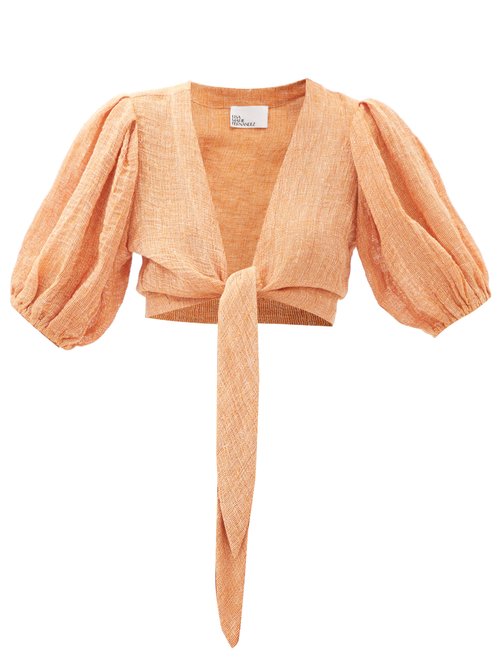 Lisa Marie Fernandez - Pouf Puff-sleeved Cropped Linen-blend Blouse Orange