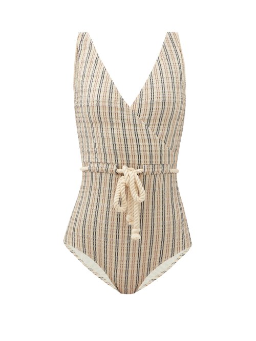 Lisa Marie Fernandez - Yasmin Seersucker-stripe Swimsuit Beige Stripe Beachwear