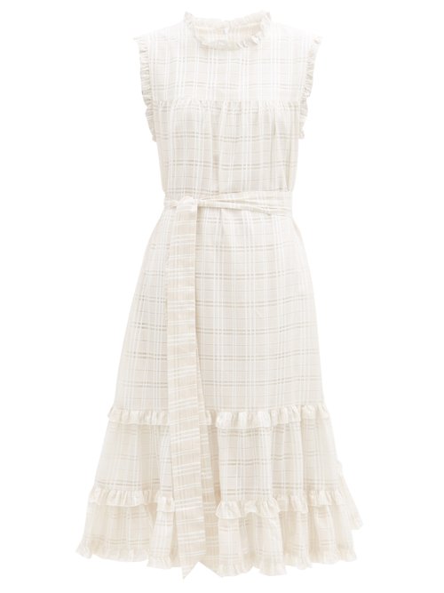 Lisa Marie Fernandez – Ruffled Check Cotton-blend Midi Dress Grey Stripe