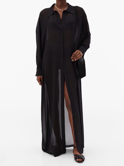 Norma Kamali Sheer Crepe Maxi Shirt Dress Black