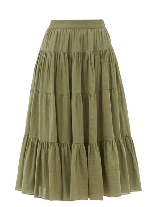Loup Charmant - Fontelli Tiered Organic-cotton Midi Skirt Green Beachwear