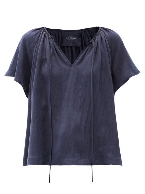Buy Loup Charmant - Paloma Tie-neck Hammered-silk Blouse Navy online - shop best Loup Charmant 