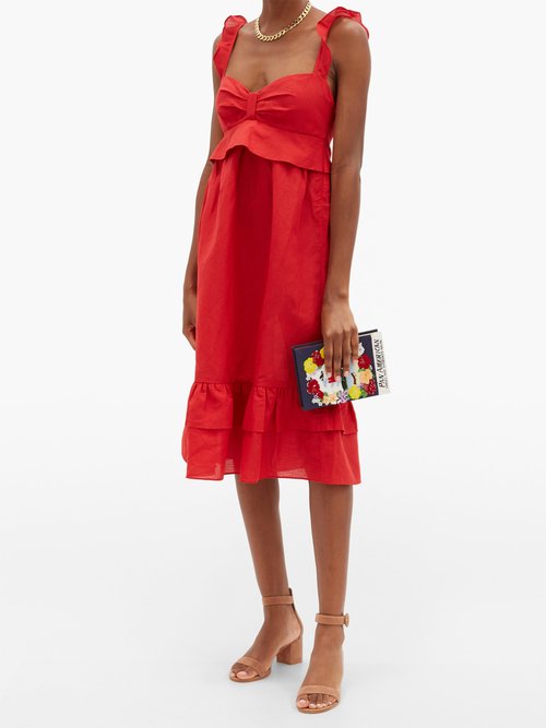 Adriana Degreas Flounced Linen-blend Midi Dress Red