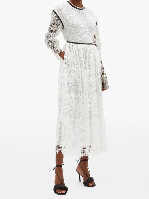 Christopher Kane Faux Leather-trim Broderie Anglaise Midi Dress White