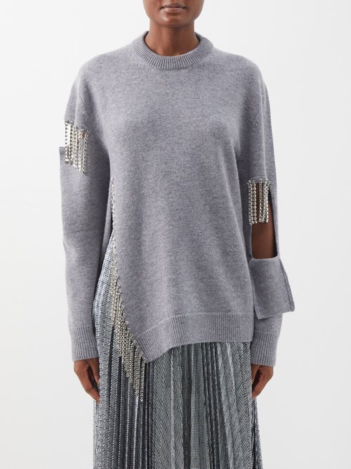 Christopher Kane - Crystal-fringed Cutout Wool Sweater Grey