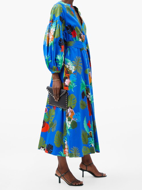 Borgo De Nor Mia Nature-print Flared Cotton Midi Dress Blue Multi