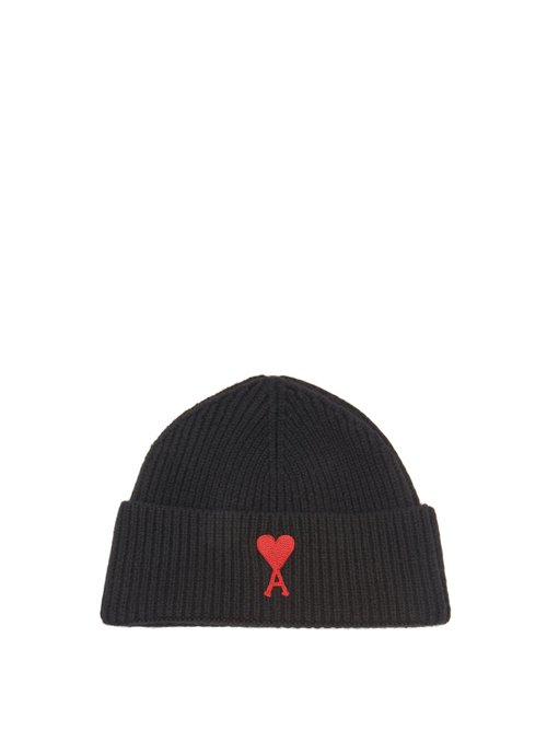 Ami - Ami De Coeur Embroidered Wool Beanie Hat - Mens - Black
