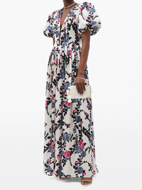 La DoubleJ Persephone Floral-print Silk Maxi Dress White Print