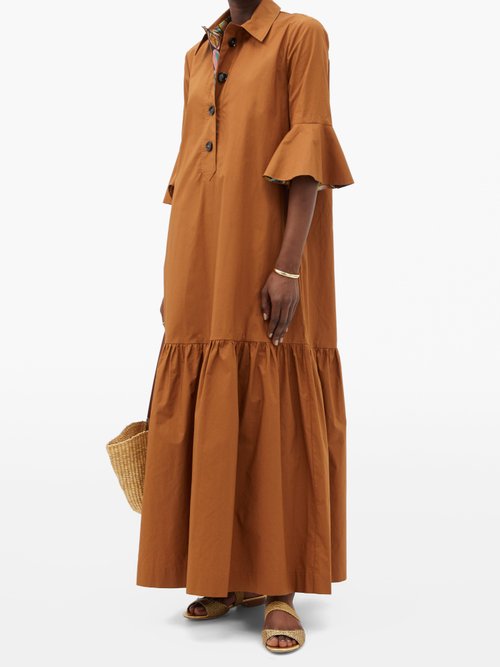 La DoubleJ Artemis Fluted-sleeve Cottton Maxi Shirt Dress Brown